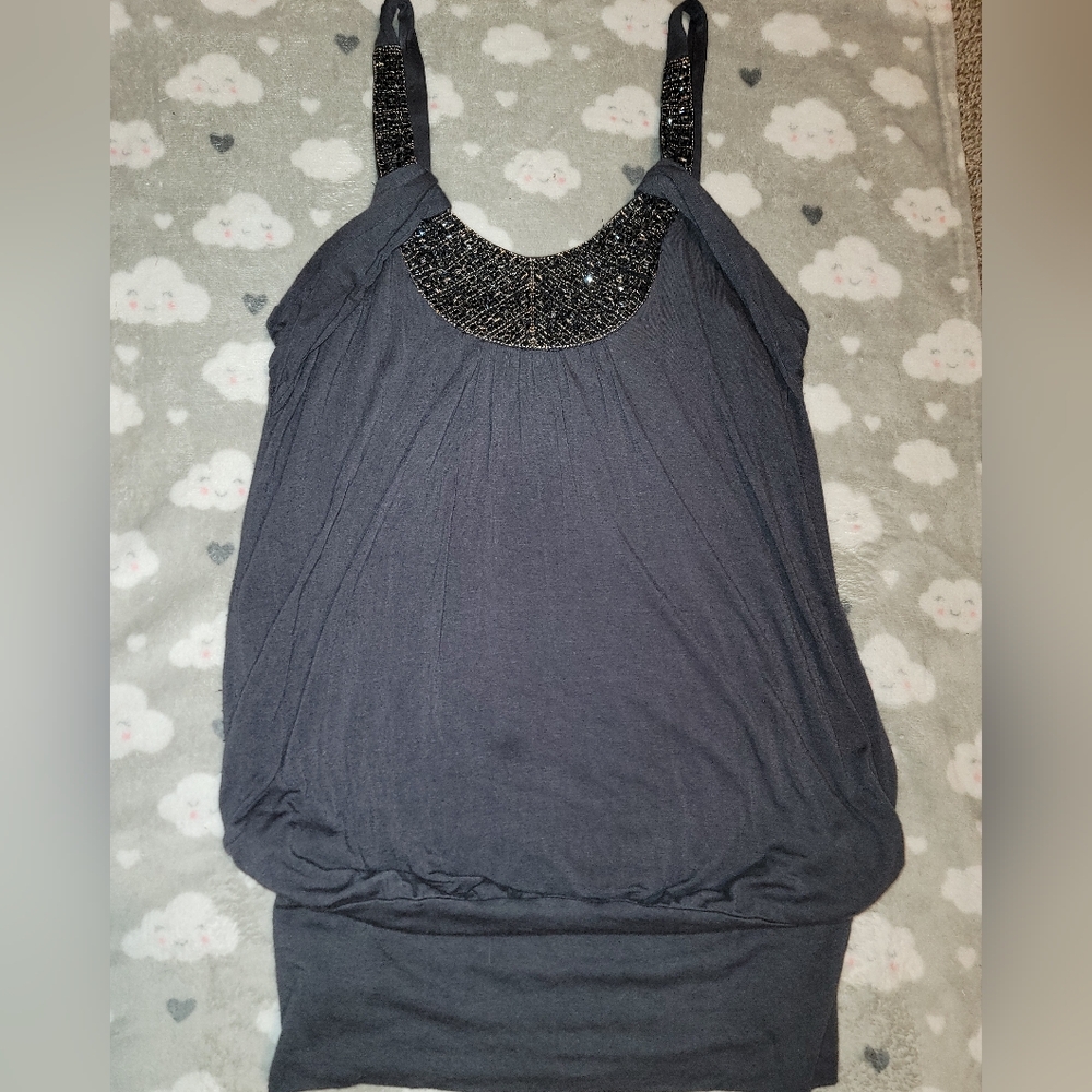 Libian Gray Embellished Sleeveless Tank Top